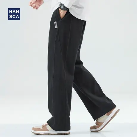 hansca黑色休闲裤男秋冬款直筒宽松大码加绒加厚运动垂感拖地长裤商品大图