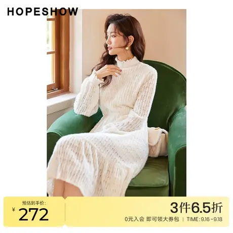 红袖outlets蕾丝收腰连衣裙hopeshow2022冬季新款半高领仙女裙女商品大图