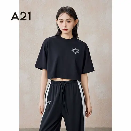 A21女装针织宽松圆领落肩短袖T恤夏季纯棉新款简约时尚短款上衣图片