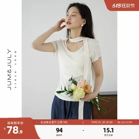 嘉茱莉莱赛尔天丝系带斜领短袖T恤女不规则设计感打底衫修身显瘦图片