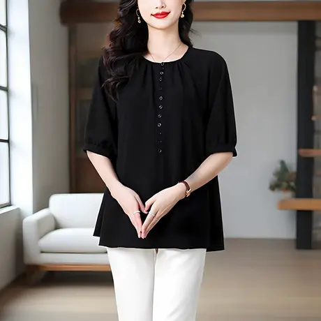 黑色中长款短袖t恤女2025夏季新款大码女装高级感洋气妈妈上衣商品大图