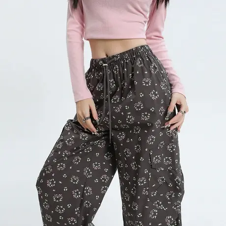 碎花工装裤女2025年秋季新款高腰宽松显瘦美式抽绳两穿休闲阔腿裤商品大图