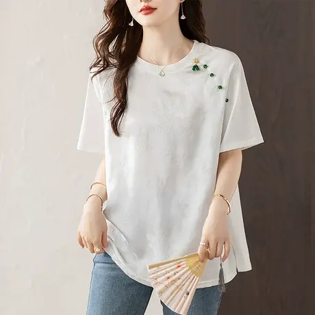 提花短袖T恤女夏季新款宽松加大码女装妈妈休闲减龄遮肚显瘦上衣图片