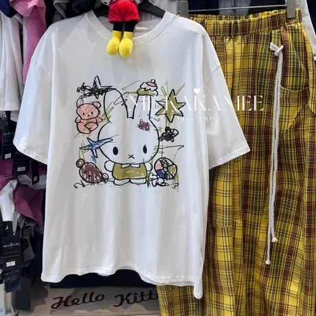 韩国东大门夏季新款休闲慵懒宽松甜酷卡通涂鸦印花宽松短袖T恤女商品大图