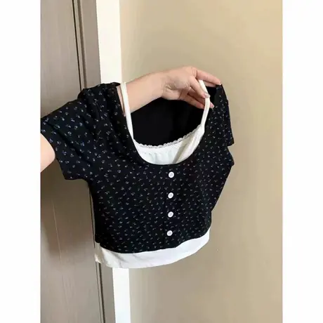 韩系chic港味假两件短袖T恤女夏季韩版修身显瘦小个子短款上衣潮商品大图