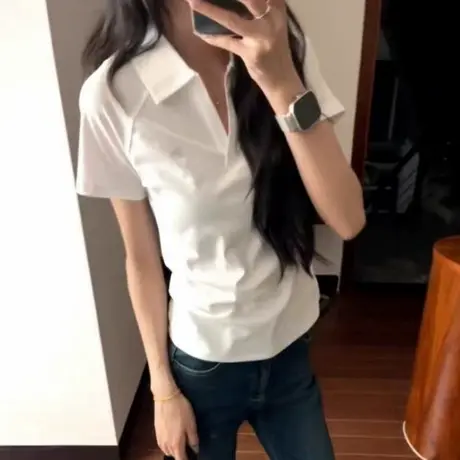 白色翻领POLO衫短袖T恤女夏季设计感小众修身韩版chic别致上衣潮商品大图