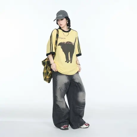 美式复古撞色猫咪印花短袖T恤女夏季2025新款宽松显瘦半袖上衣潮商品大图