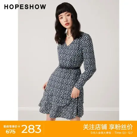 红袖outlets高级连衣裙hopeshow2023秋季新款女不规则裙摆碎花裙商品大图