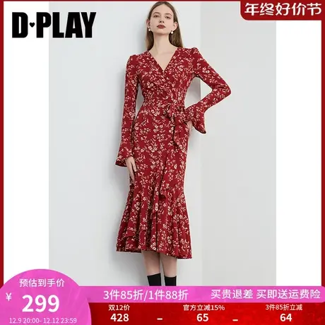 DPLAY春法式风V领红色印花立体荷叶边鱼尾内搭加绒连衣裙女商品大图