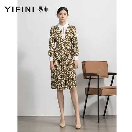 Yifini/易菲雏菊印花翻领长袖连衣裙女秋季新款收腰显瘦裙子商品大图