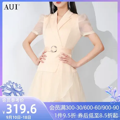 AUI名媛气质假两件西装连衣裙女2023夏新款设计感小众收腰网纱裙图片