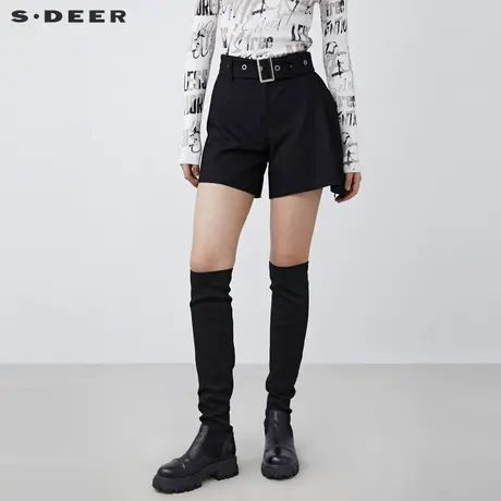 sdeer圣迪奥女装时尚腰带毛呢不规则A字黑色短裤S21480903🛒商品大图