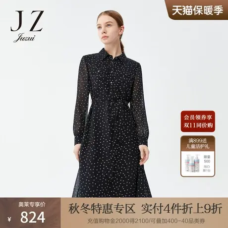 JZ玖姿黑色时尚印花雪纺连衣裙2022春季新款优雅通勤系带收腰长裙商品大图