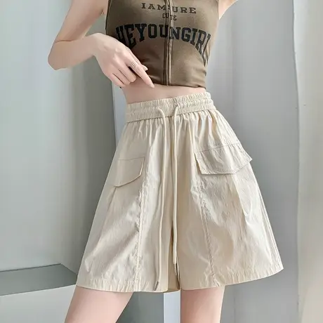 美式冰丝速干工装短裤女夏季薄款高腰抽绳运动宽松显瘦休闲五分裤图片