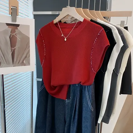 冰丝圆领飞飞袖针织衫女2025春夏新款外穿上衣薄款洋气短袖t恤衫商品大图