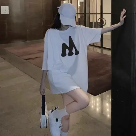 白色下衣失踪短袖t恤女2025新款夏季大版宽松中长款重磅纯棉上衣图片