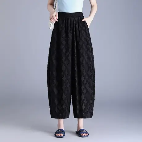 2025夏季新款灯笼裤女宽松阔腿休闲萝卜裤松紧腰烧花九分裤哈伦裤图片