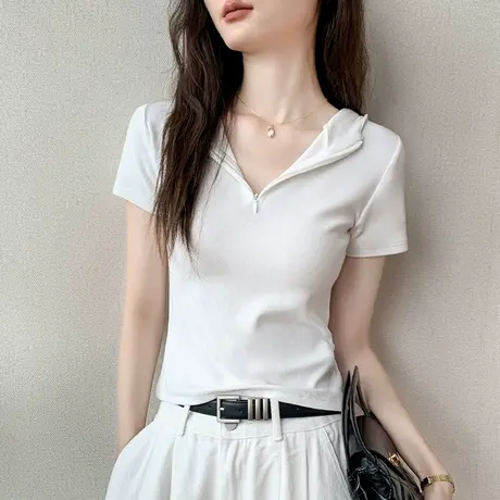 歌倍尚连帽短袖T恤女2025夏季新款拉链修身显瘦纯色百搭白色上衣图片