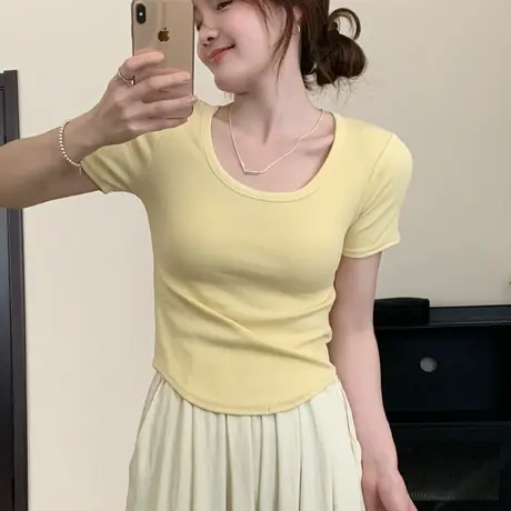 奶黄色纯棉T恤女2025新款爆款夏季修身收腰设计感简约U领短袖上衣商品大图
