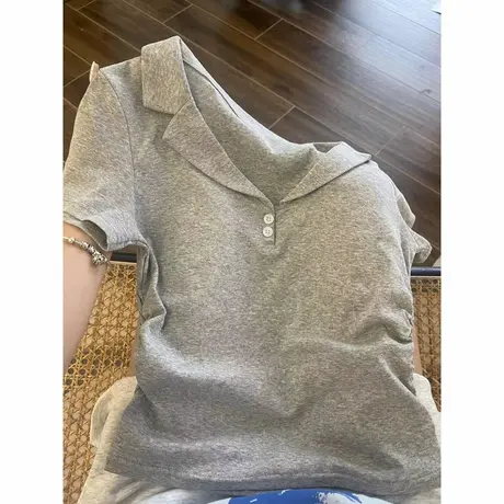 辣妹褶皱收腰短袖T恤女夏季韩版修身内搭打底衫polo翻领短款上衣图片