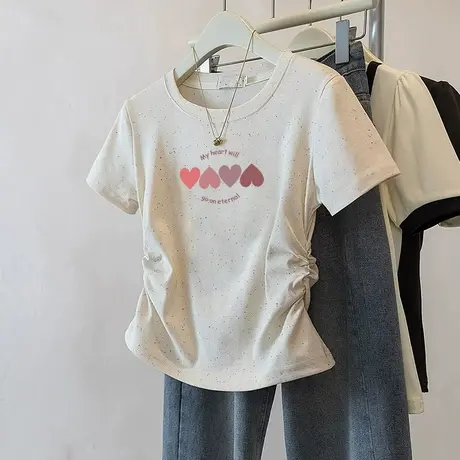 潮流小个子短款收腰t恤女2025新款褶皱修身彩虹波点短袖减龄上衣商品大图