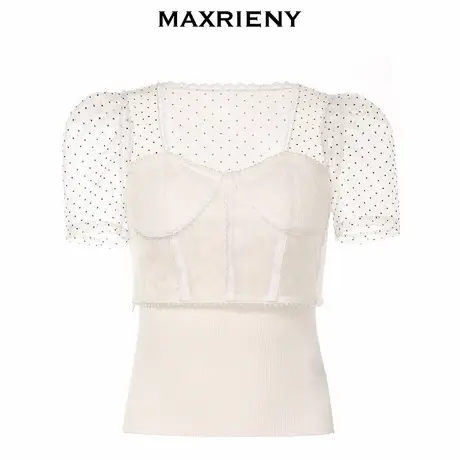 【奥莱】MAXRIENY夏季针织衫短袖上衣女公主衫复古波点网纱泡泡袖商品大图