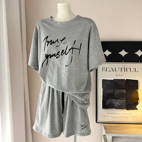 美式复古短袖T恤阔腿短款两件套女夏季韩版宽松休闲运动时尚套装商品大图