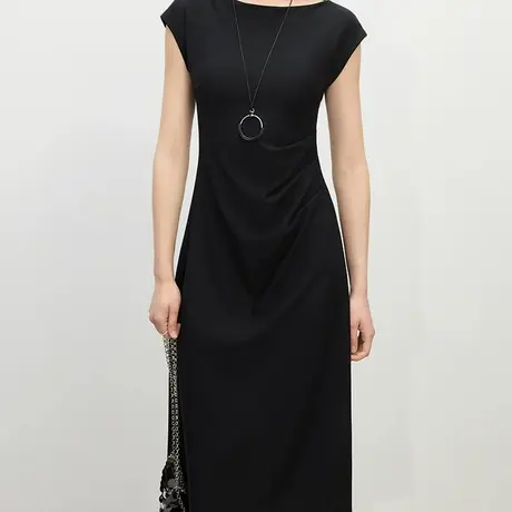 首尚格释2025夏季新品时尚优雅一字领无袖设计感收腰中长款连衣裙商品大图