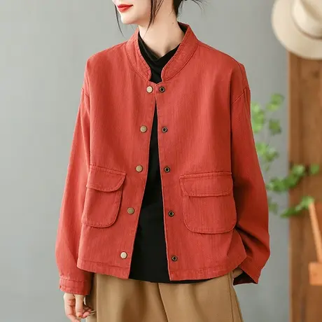 dza 复古宽松工装短款外套女春秋休闲单排扣开衫百搭立领口袋上衣图片