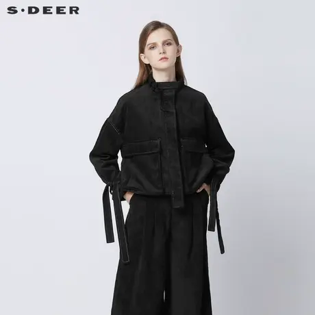 sdeer圣迪奥女装春秋装复古立领绑带灯芯绒短款外套女S21362226图片