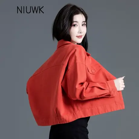 安可拉红色牛仔外套女春秋2025宽松短款上衣小个子女士牛仔衣休闲商品大图