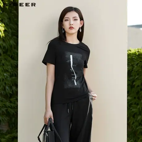 sdeer圣迪奥女装夏时尚基本款撞色字母创意圆领T恤S19260101图片