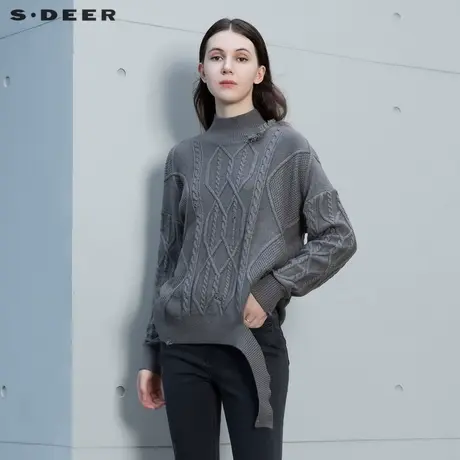 sdeer圣迪奥女装罗纹高领破洞不规则钩花针织衫S21463505图片