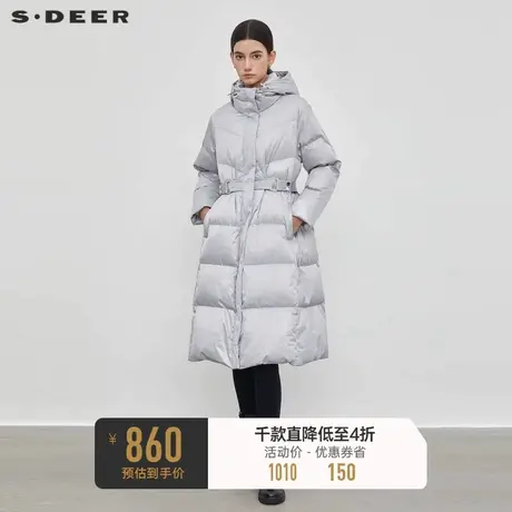 sdeer圣迪奥女装高领连帽收腰亮面长款羽绒服S23462404图片