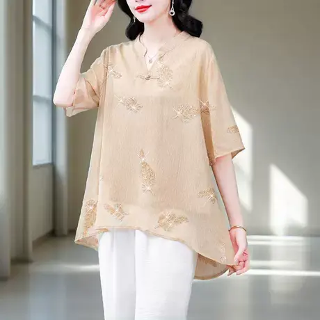 新中式国风中长款短袖t恤女夏季新款宽松显瘦上衣遮肚子雪纺上衣图片