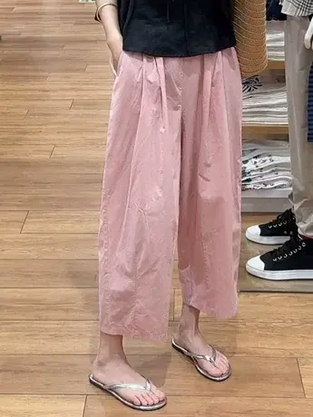 复古韩系粉色阔腿裤女高腰直筒九分裤夏季2025新款纯色休闲萝卜裤图片