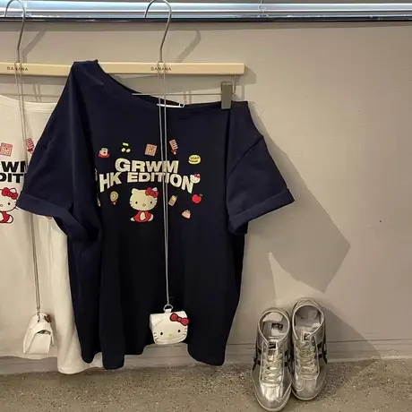 韩国东大门夏季新款宽松可爱减龄Kt猫咪印花斜肩短袖T恤女上衣潮图片