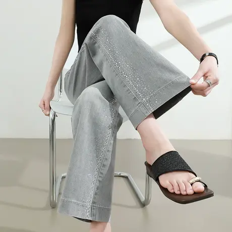 莱赛尔天丝烫钻牛仔直筒裤女夏季薄款高腰宽松显瘦垂感灰色阔腿裤商品大图