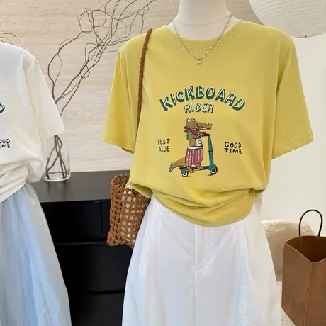 夏季新款韩版简约圆领卡通印花短袖T恤女宽松休闲百搭显瘦上衣潮商品大图