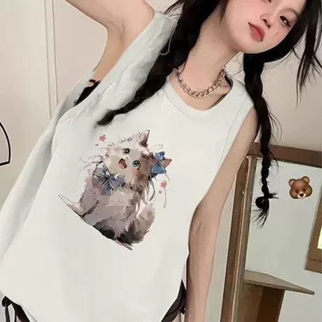 纯棉辣妹吊带坎肩背心无袖t恤女2025夏外穿高级感慵懒风宽松上衣商品大图
