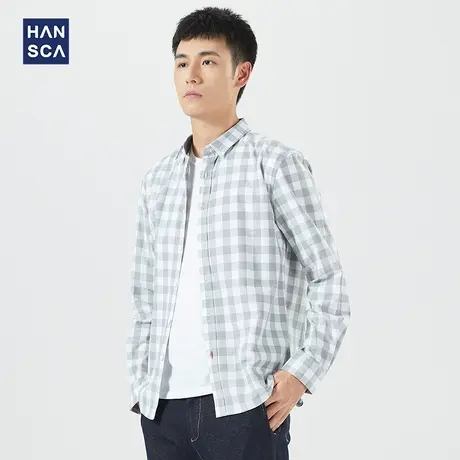 汉斯卡 格子衬衫男士韩版百搭休闲外套2021秋季新款纯棉宽松衬衣商品大图