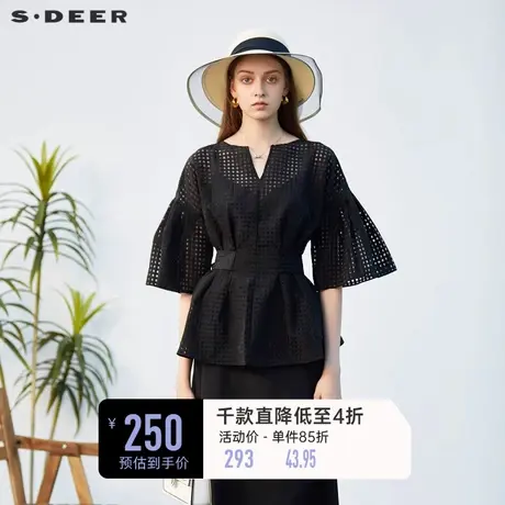 sdeer圣迪奥女装V领格子收腰吊带两件套短袖衬衫S232Z0474⛓商品大图