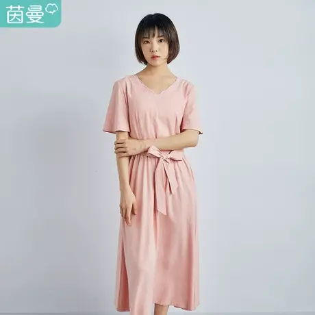 茵曼特价清仓 2023夏装亚麻V领文艺绣花显瘦A字连衣裙女图片