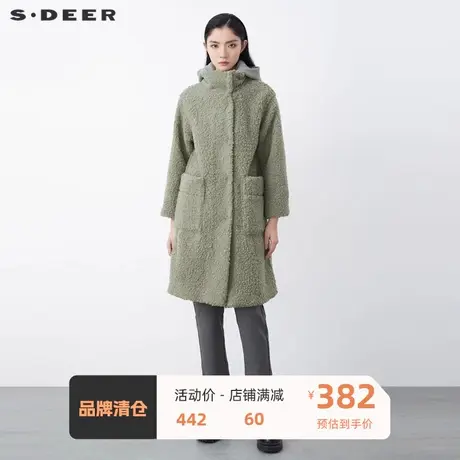 sdeer圣迪奥女装时尚高领连帽拼接外套仿羊羔绒长款大衣S21461810🧗商品大图