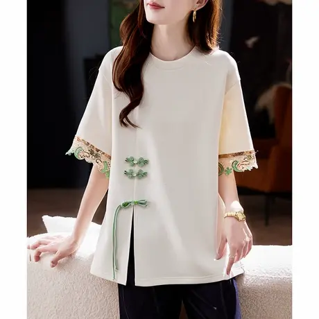 宝诗黎新中式亮片盘扣拼接短袖T恤2025夏季宽松休闲百搭棉质上衣商品大图