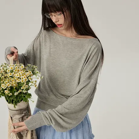 omont100%莱赛尔斜肩针织衫2025春季收腰显瘦慵懒长袖T恤图片