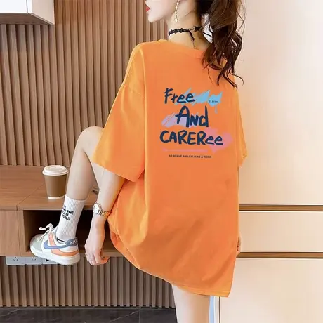 橘色短袖t恤女夏季2025新款设计感美式复古大码宽松半袖正肩上衣图片