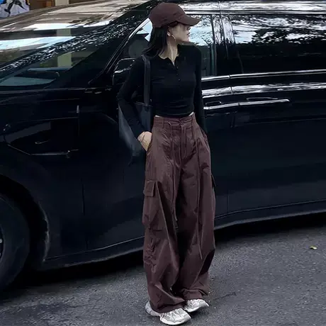 阔腿工装裤百搭欧货美式宽松显瘦时尚设计感女士高腰工装镰刀裤商品大图