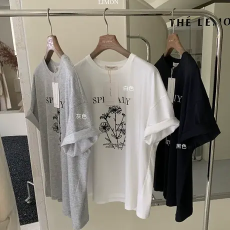 十三行字母印花短袖T恤女夏季新款韩版休闲宽松显瘦卷边袖上衣图片