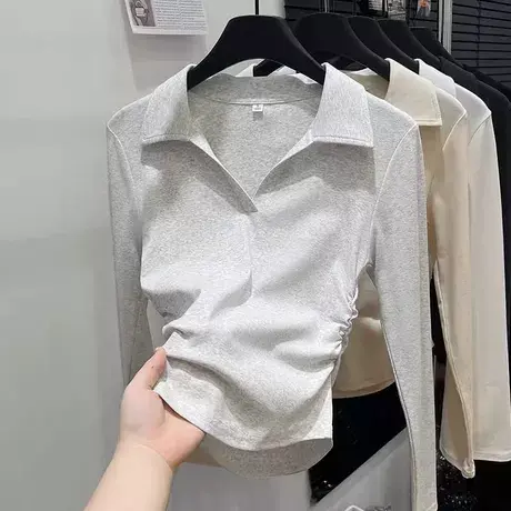 褶皱收腰V领POLO衫长袖T恤女早春韩版修身打底衫内搭短款辣妹上衣图片